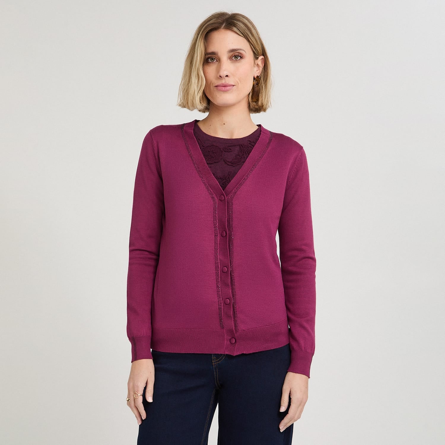 Cardigan con Aplicación de Strass Morado
